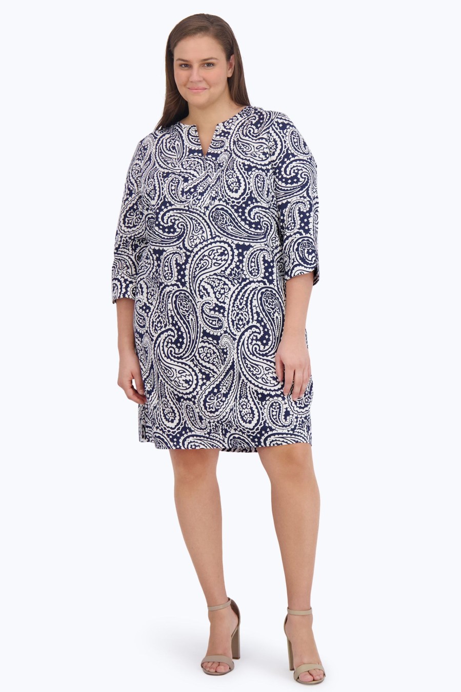 Women Foxcroft Dresses | Vena Plus No Iron Navy Paisley Dress Navy/White Paisley