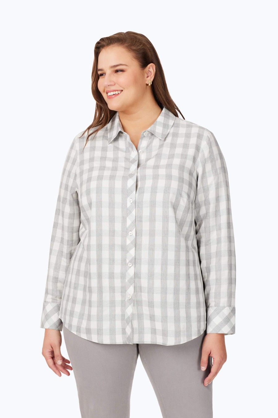 Women Foxcroft Tops | Davis Plus Metallic Buffalo Plaid Shirt Silver Metallic Buffalo