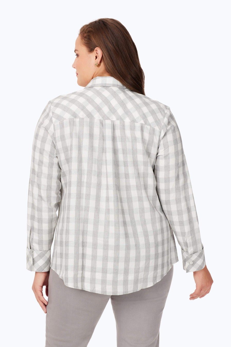 Women Foxcroft Tops | Davis Plus Metallic Buffalo Plaid Shirt Silver Metallic Buffalo