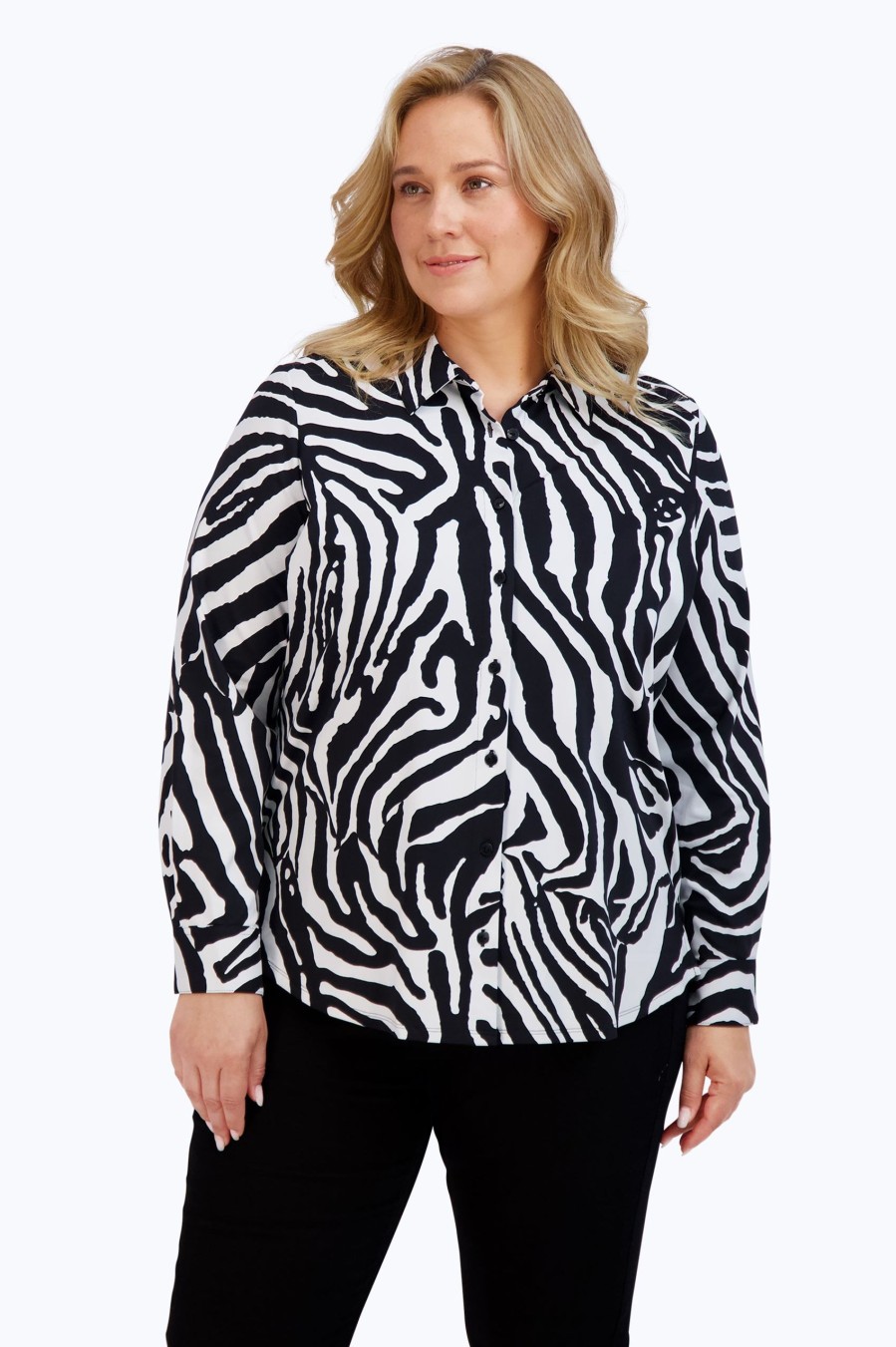 Women Foxcroft Tops | Dianna Plus Zebra Jersey Shirt Black Zebra