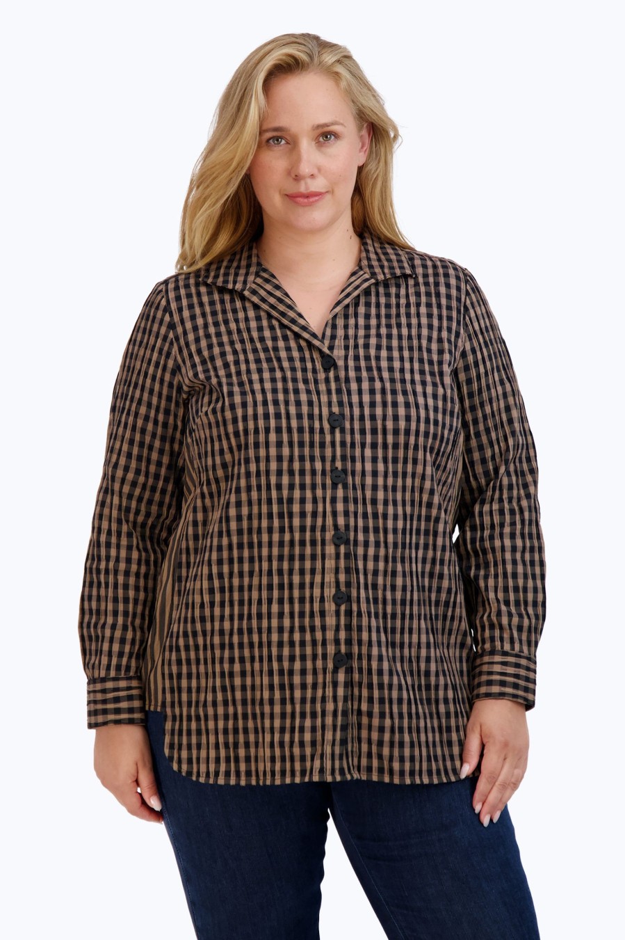 Women Foxcroft Tops | Pandora Plus Crinkle Gingham Combo Tunic