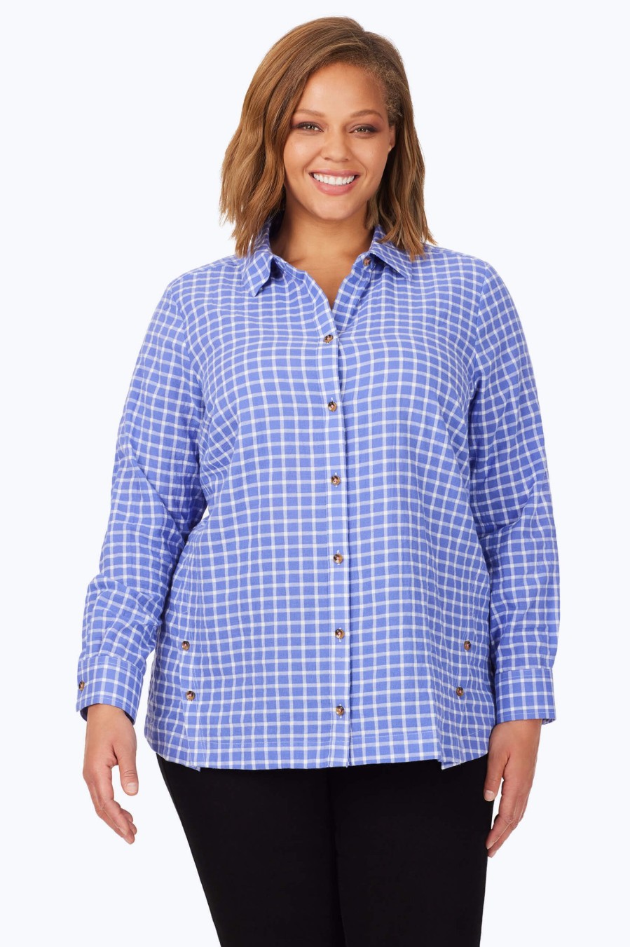 Women Foxcroft Tops | Plus Warm Check Stretch Cotton Shirt Iris Bloom Warm Check