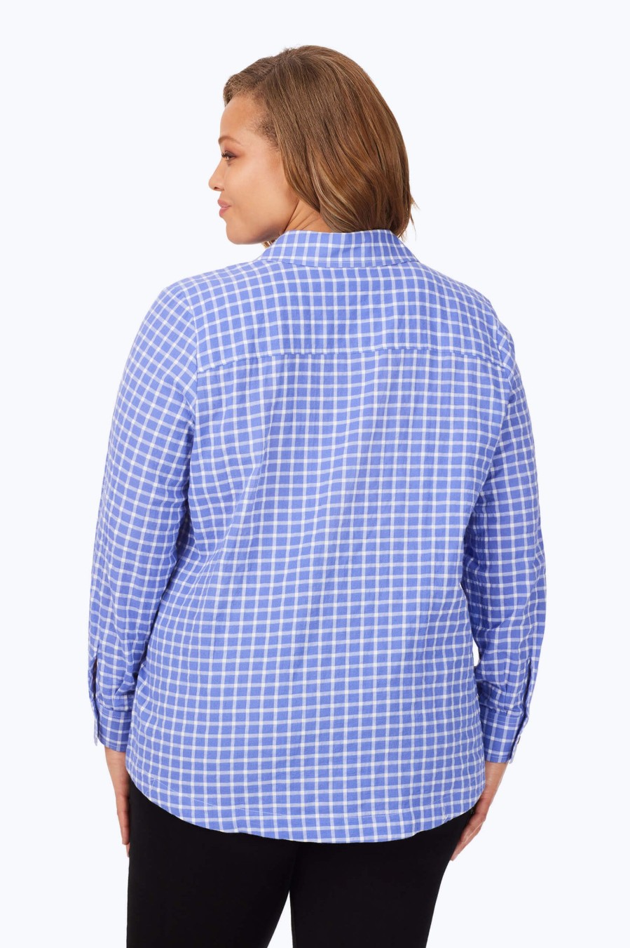 Women Foxcroft Tops | Plus Warm Check Stretch Cotton Shirt Iris Bloom Warm Check