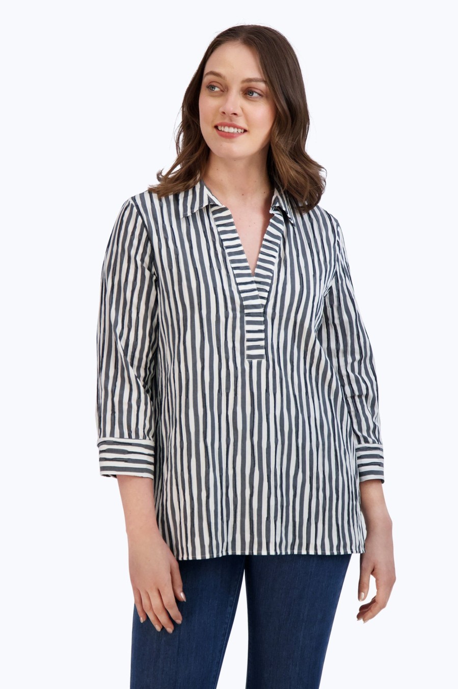 Women Foxcroft Tops | Sophia Crinkle Stripe Combo Shirt