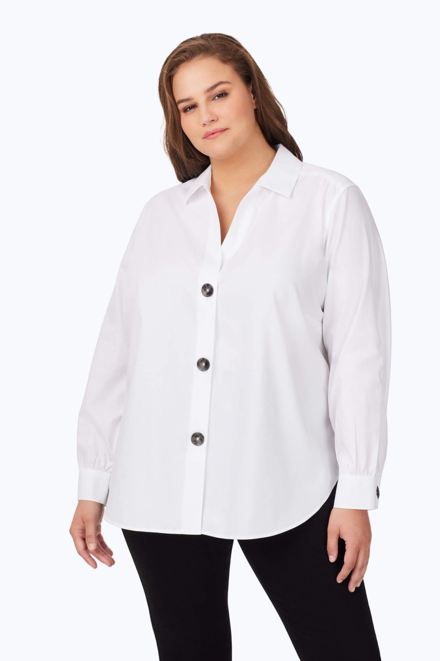 Women Foxcroft Tops | Plus Large Button Pinpoint Non-Iron Shirt White