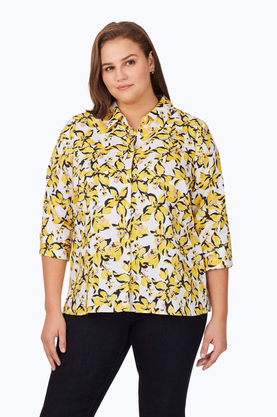 Women Foxcroft Tops | Lucie Plus Non-Iron Hibiscus Bloom Shirt Warm Sun Hibiscus