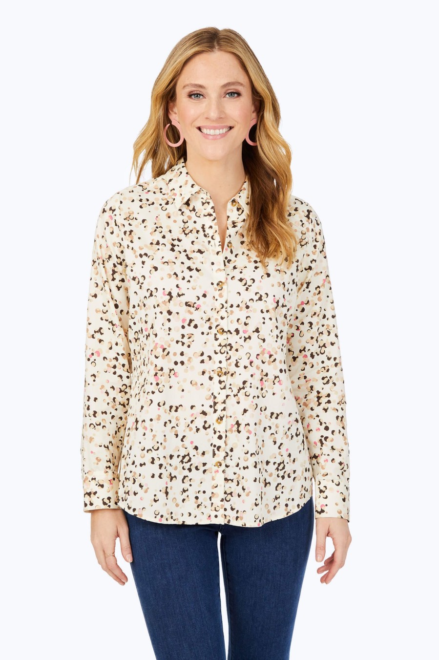 Women Foxcroft Tops | Davis Non-Iron Layered Dot Shirt Birchwood Dot