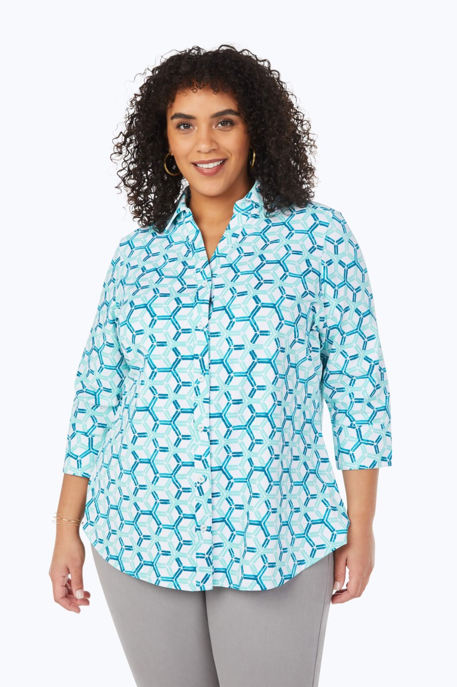 Women Foxcroft Tops | Mary Plus Coastal Geo Jersey Shirt Turquoise Tide Coastal Geo