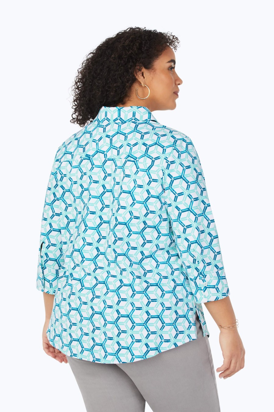 Women Foxcroft Tops | Mary Plus Coastal Geo Jersey Shirt Turquoise Tide Coastal Geo