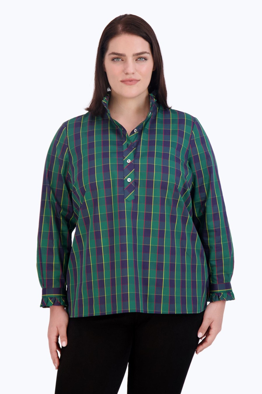 Women Foxcroft Tops | Mia Plus No Iron Tartan Plaid Popover Navy/Green/Yellow Tartan