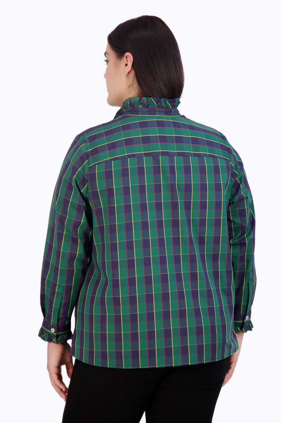 Women Foxcroft Tops | Mia Plus No Iron Tartan Plaid Popover Navy/Green/Yellow Tartan