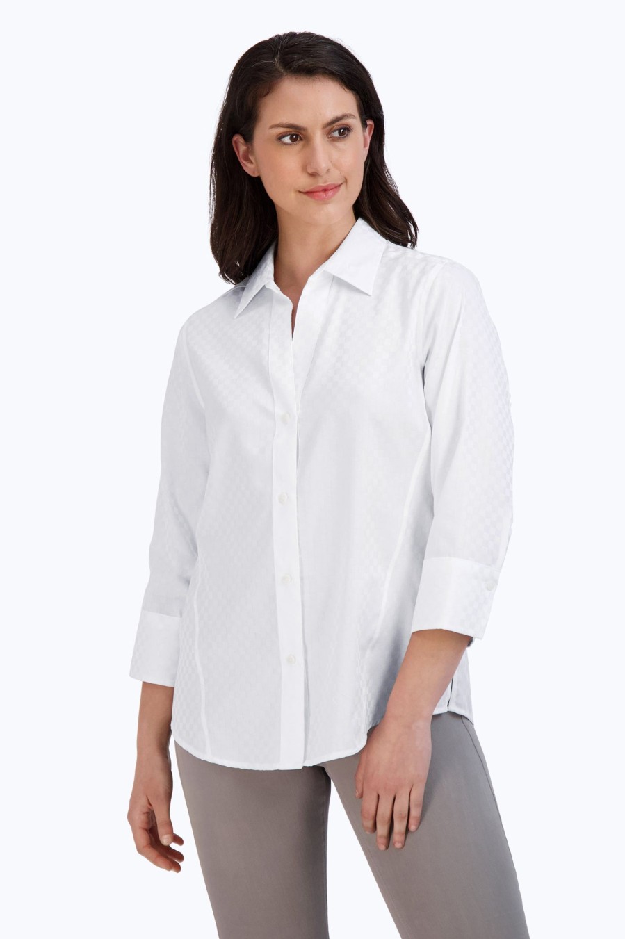 Women Foxcroft Tops | Paityn No Iron Checker Jacquard Shirt White Checker Jacquard