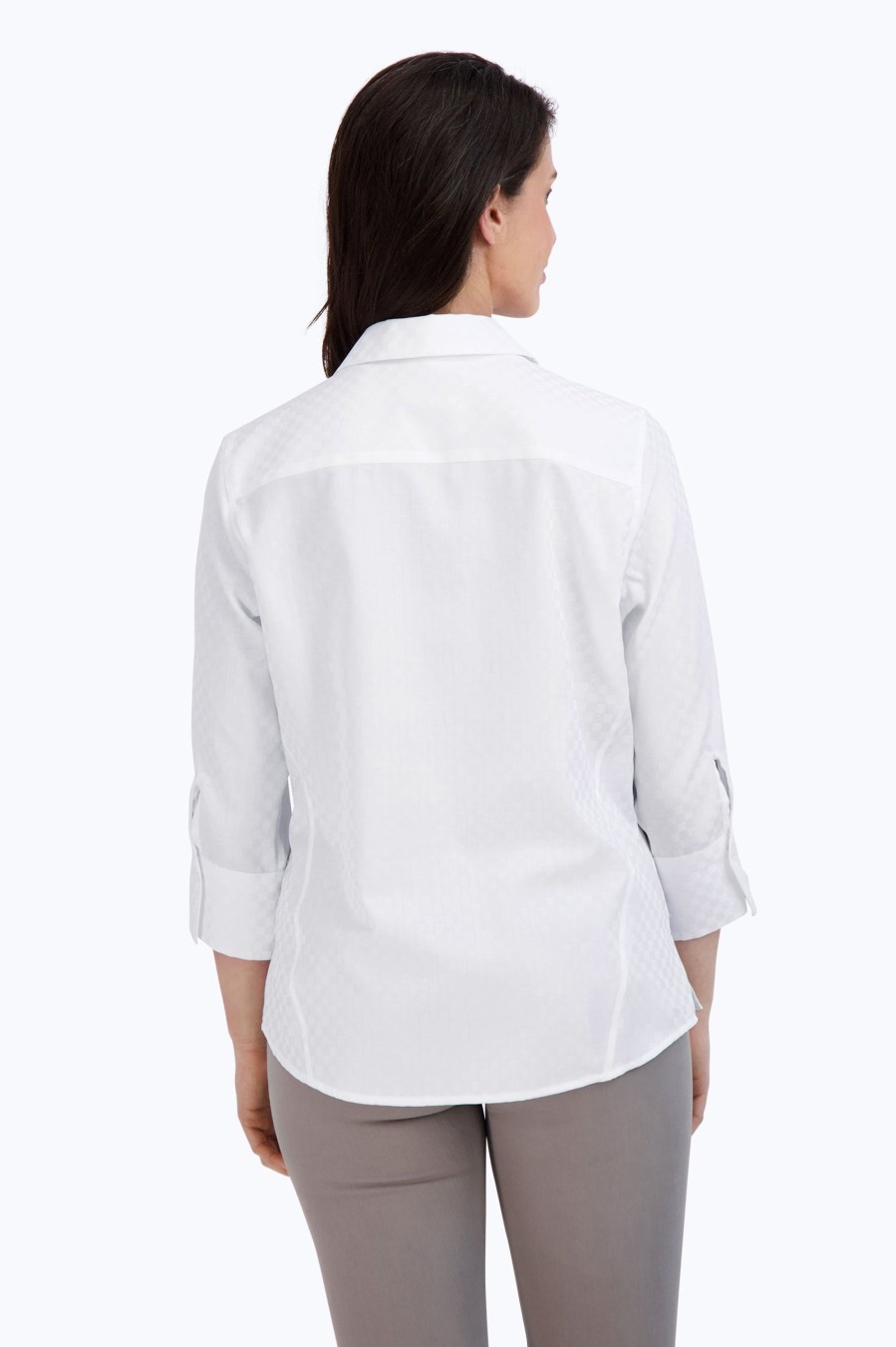 Women Foxcroft Tops | Paityn No Iron Checker Jacquard Shirt White Checker Jacquard