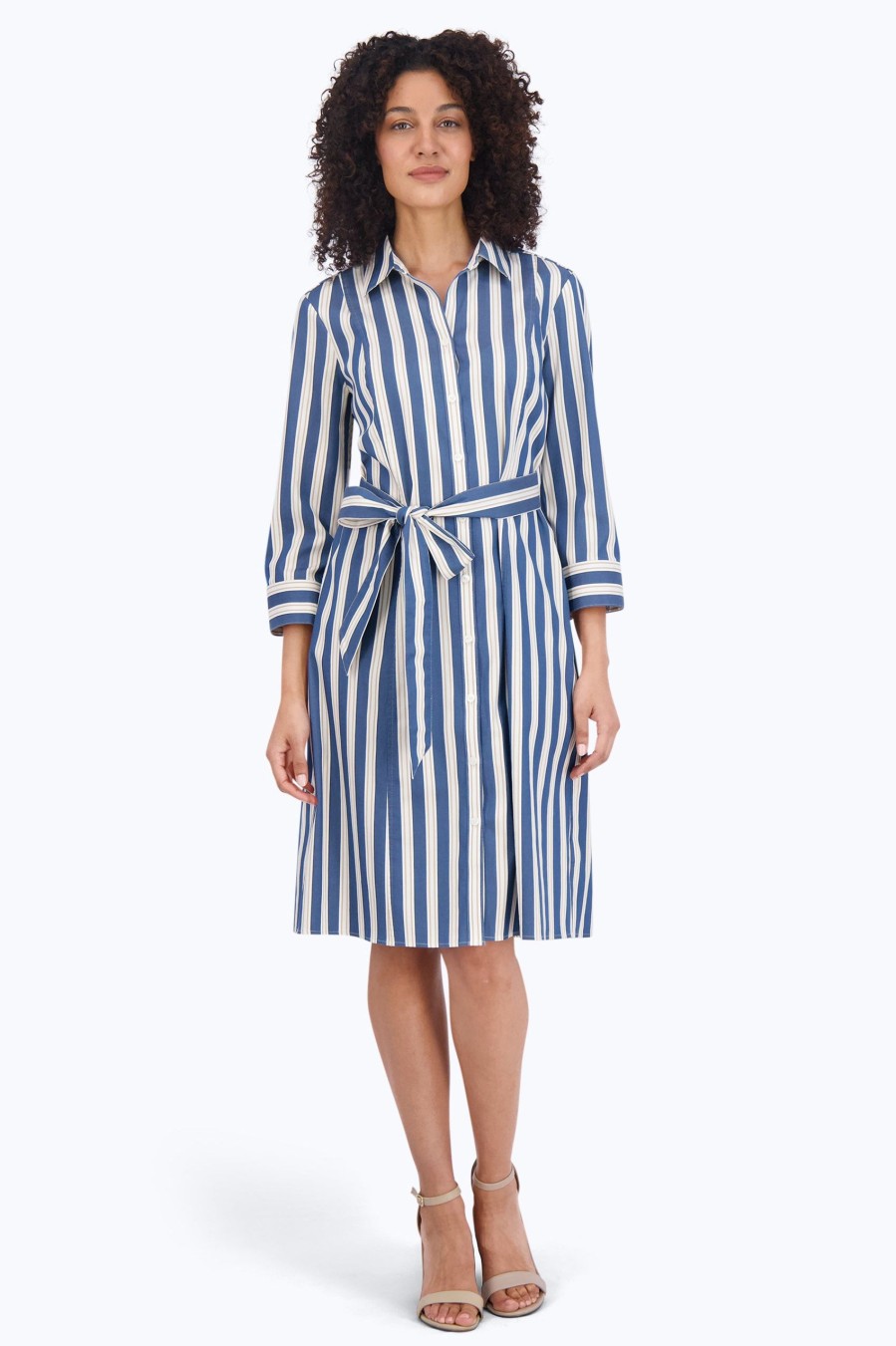 Women Foxcroft Dresses | Fiona Plus Stretch No Iron Indigo Stripe Dress Indigo Cedar Stripe