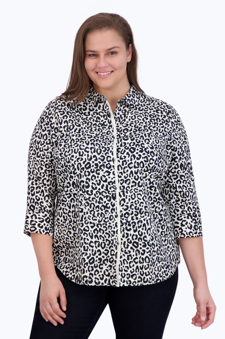 Women Foxcroft Tops | Charlie Plus No Iron Leopard Print Shirt Black/Birch Mini Leopard