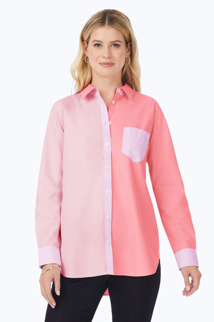 Women Foxcroft Tops | Boyfriend Pinpoint Non-Iron Colorblock Tunic Pink Peach