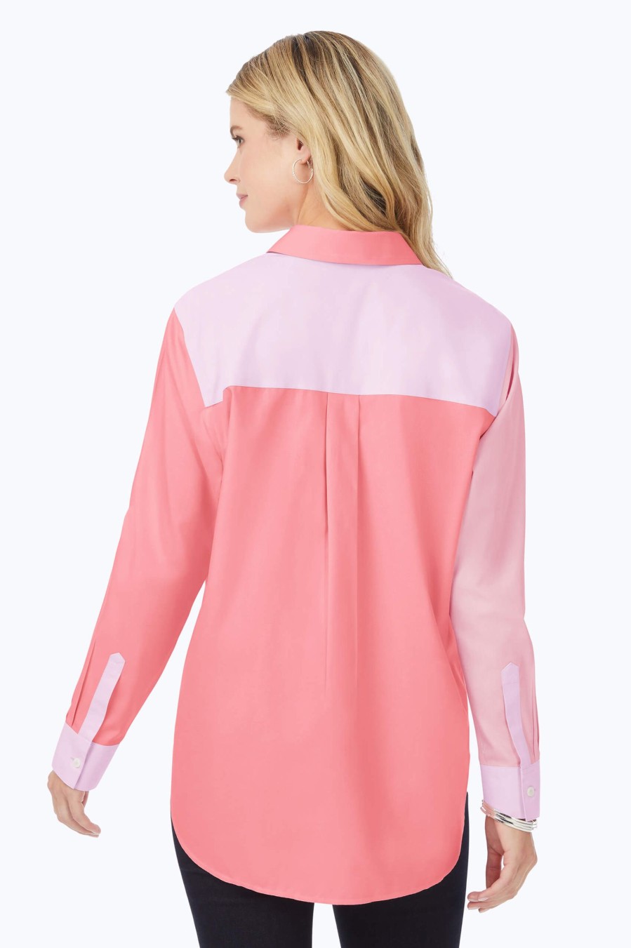 Women Foxcroft Tops | Boyfriend Pinpoint Non-Iron Colorblock Tunic Pink Peach