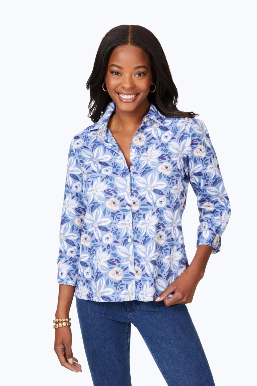 Women Foxcroft Tops | Brushstroke Blossom Non-Iron Shirt Iris Bloom Brushstroke Blossoms