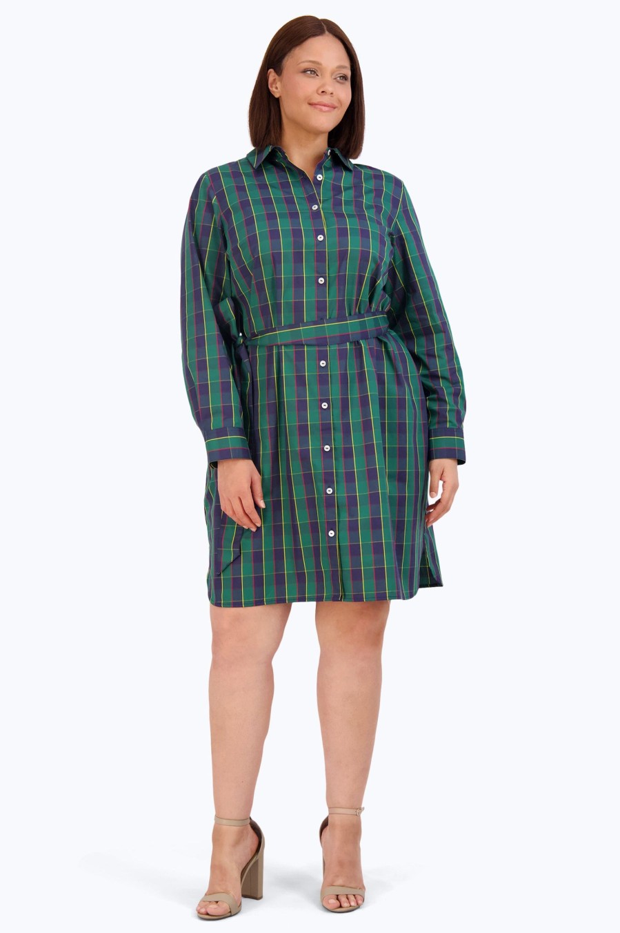 Women Foxcroft Dresses | Rocca Plus No Iron Tartan Plaid Dress Navy/Green/Yellow Tartan