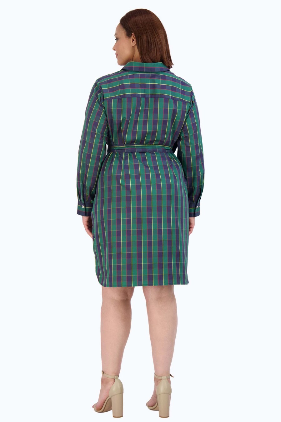 Women Foxcroft Dresses | Rocca Plus No Iron Tartan Plaid Dress Navy/Green/Yellow Tartan