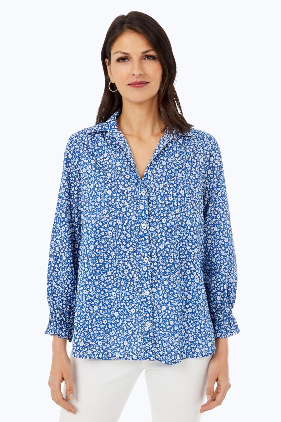 Women Foxcroft Tops | Caspian Non-Iron Fresh Floral Shirt Blue Breeze Fresh Floral