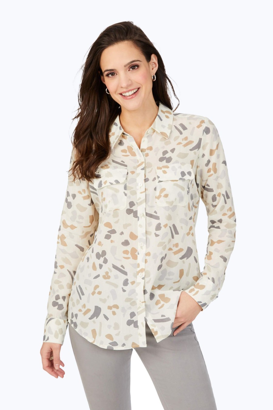 Women Foxcroft Tops | Davis Brushstrokes Shirt Ivory Multi Brushstrokes