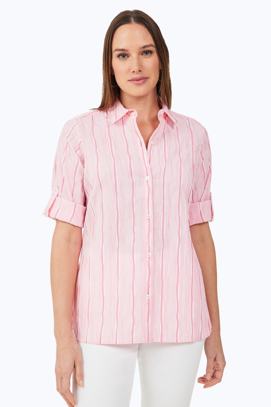 Women Foxcroft Tops | Tamara Serene Stripe Crinkle Shirt Pure Pink Serene Stripe