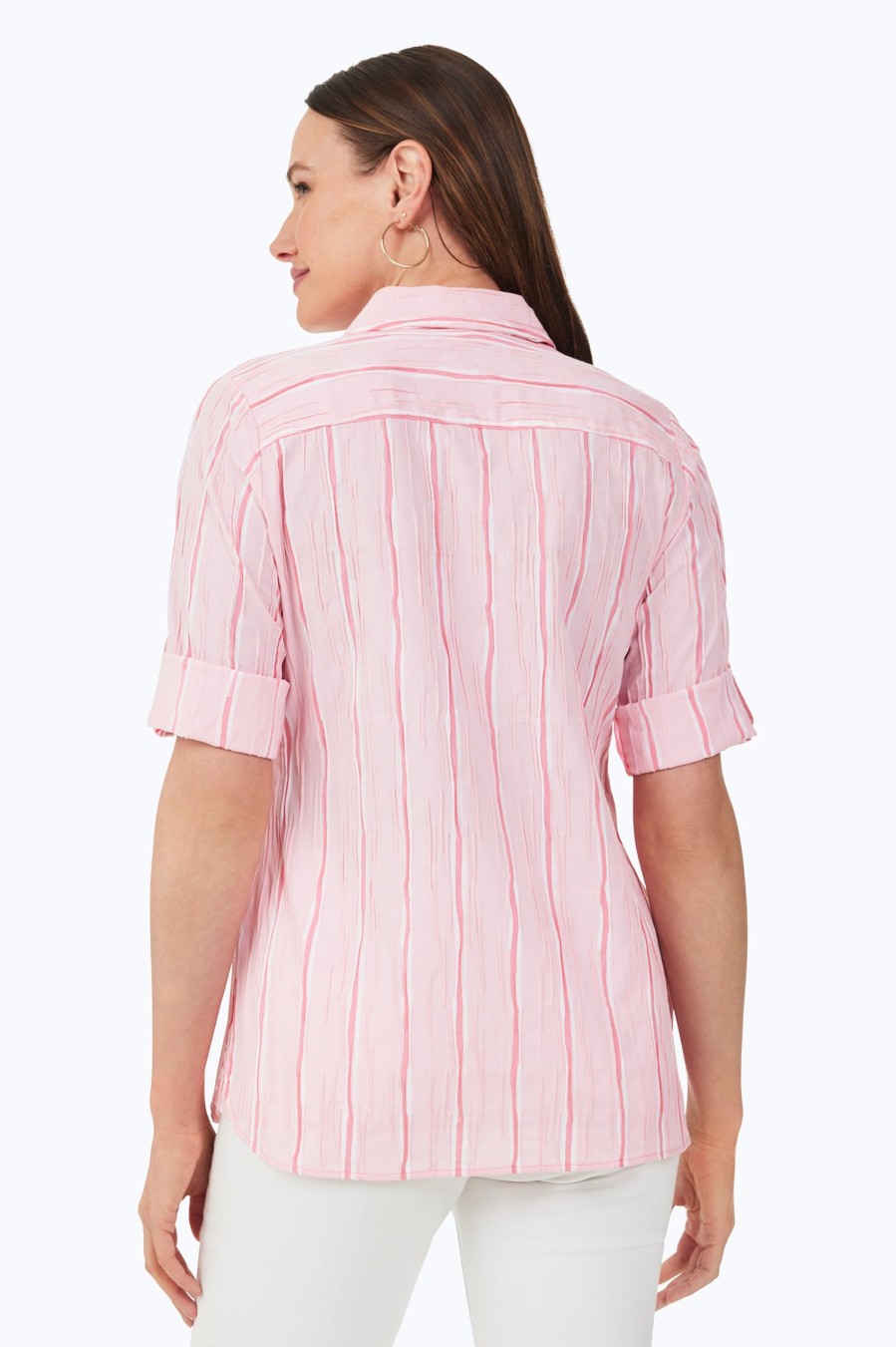 Women Foxcroft Tops | Tamara Serene Stripe Crinkle Shirt Pure Pink Serene Stripe