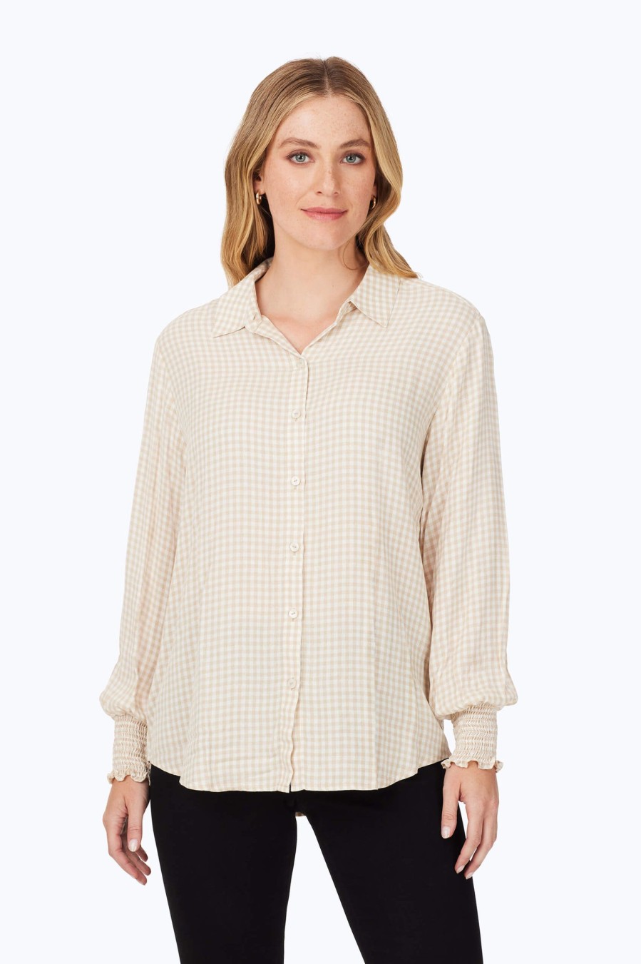 Women Foxcroft Tops | Smocked Sleeve Glitter Gingham Shirt Ivory Glitter Gingham