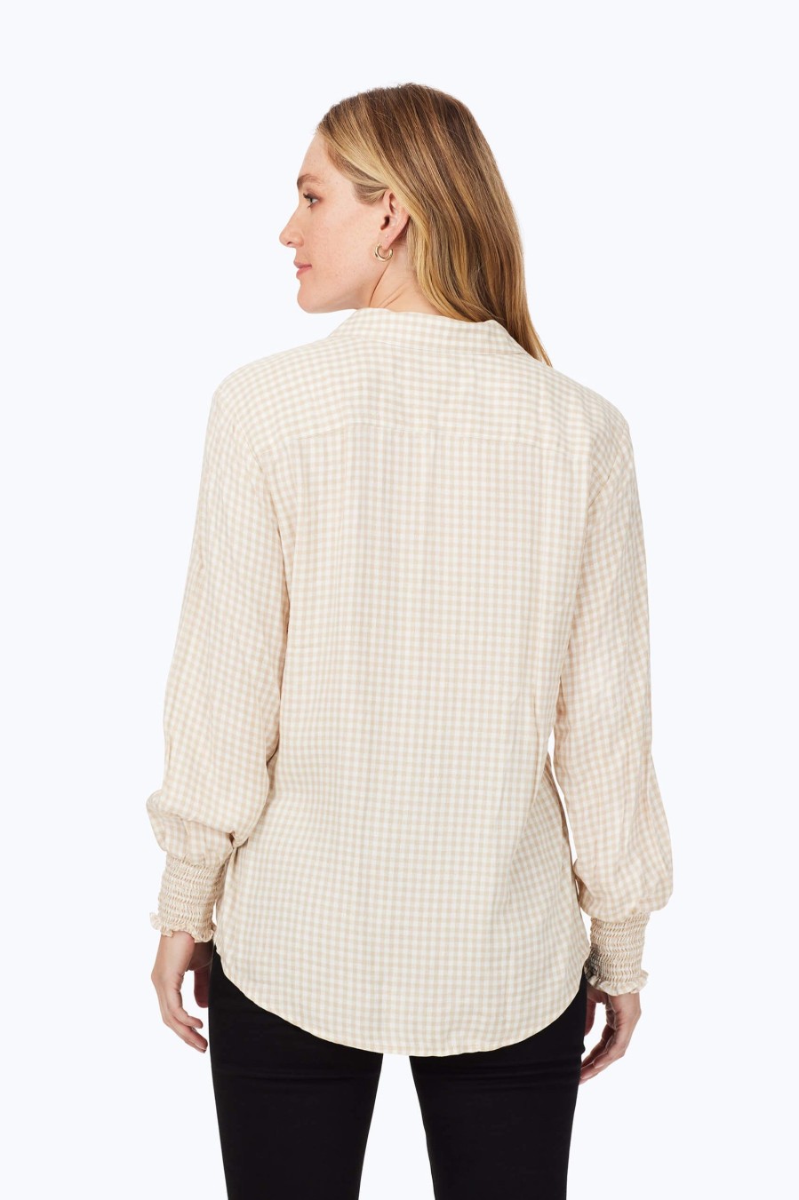 Women Foxcroft Tops | Smocked Sleeve Glitter Gingham Shirt Ivory Glitter Gingham