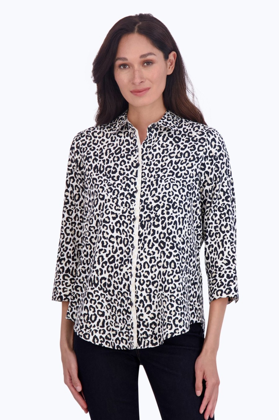 Women Foxcroft Tops | Charlie No Iron Leopard Print Shirt Black/Birch Mini Leopard