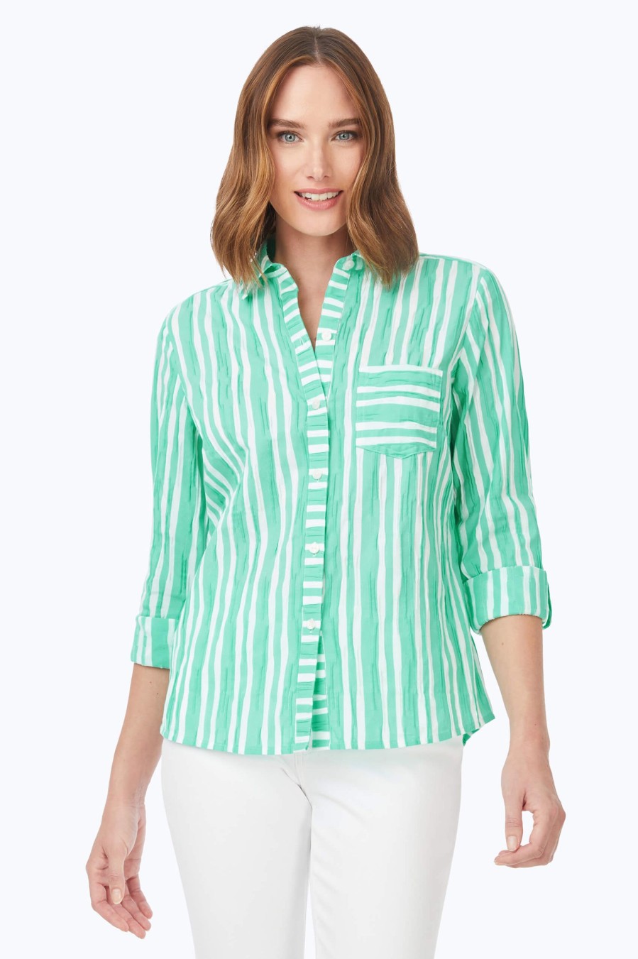 Women Foxcroft Tops | Hampton Beach Stripe Crinkle Shirt