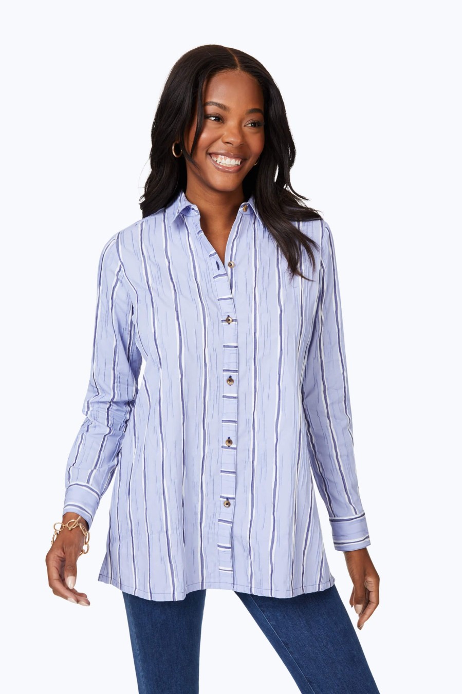 Women Foxcroft Tops | Serene Stripe Crinkle Tunic Blue Denim Serene Stripe