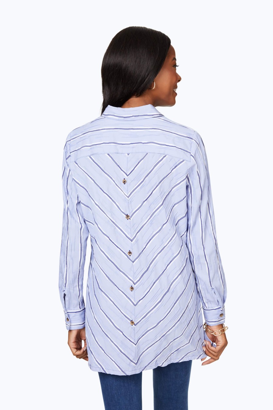 Women Foxcroft Tops | Serene Stripe Crinkle Tunic Blue Denim Serene Stripe