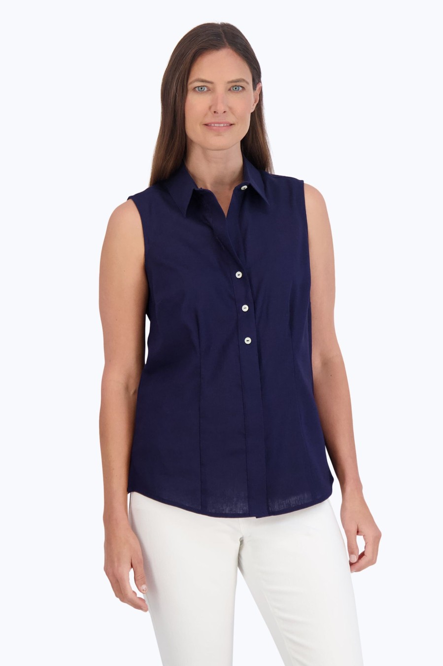 Women Foxcroft Tops | Ashley Easy Care Solid Linen Sleeveless Shirt