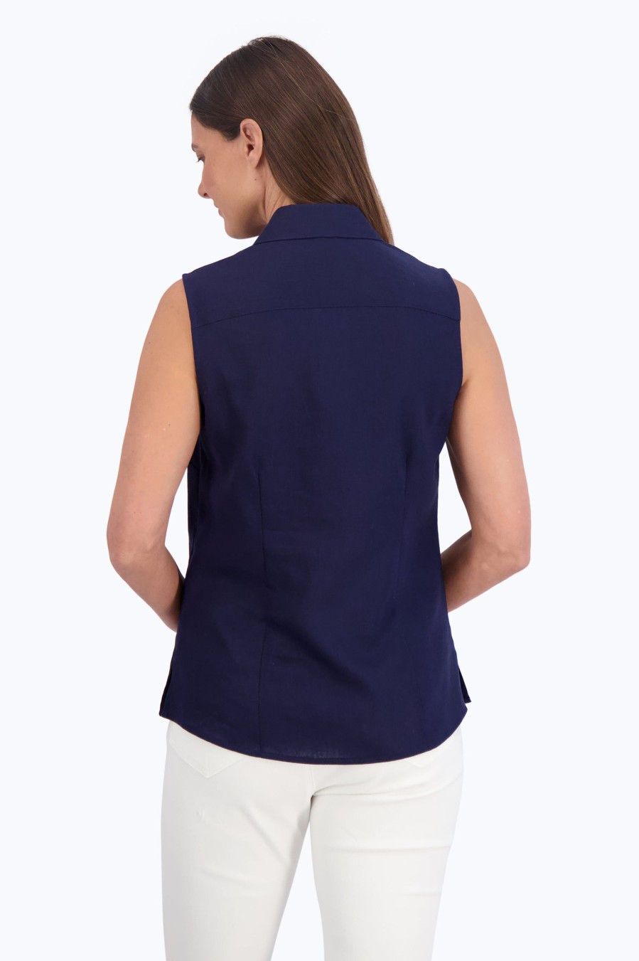 Women Foxcroft Tops | Ashley Easy Care Solid Linen Sleeveless Shirt