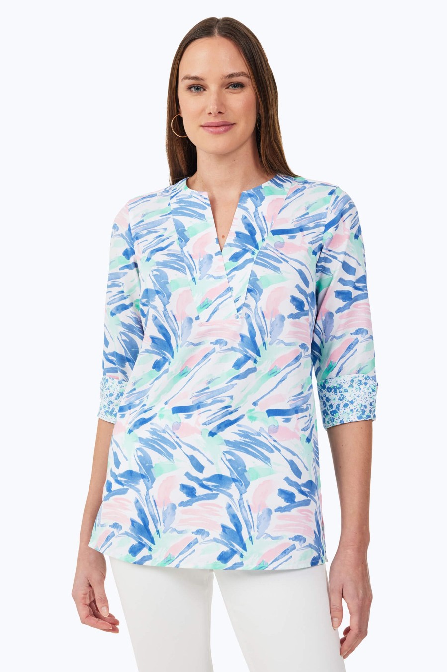 Women Foxcroft Tunics | Vena Non-Iron Tropical Paint Tunic Multi Tropical Paint