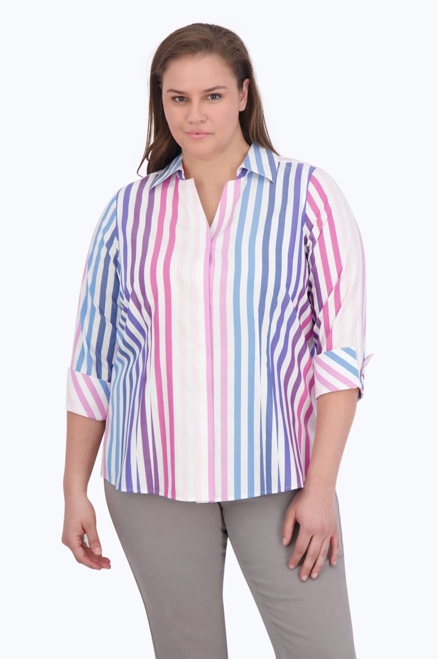 Women Foxcroft Tops | Taylor Plus Pinpoint No Iron Ombre Stripe Shirt Ombre Multi Pinpoint Stripe