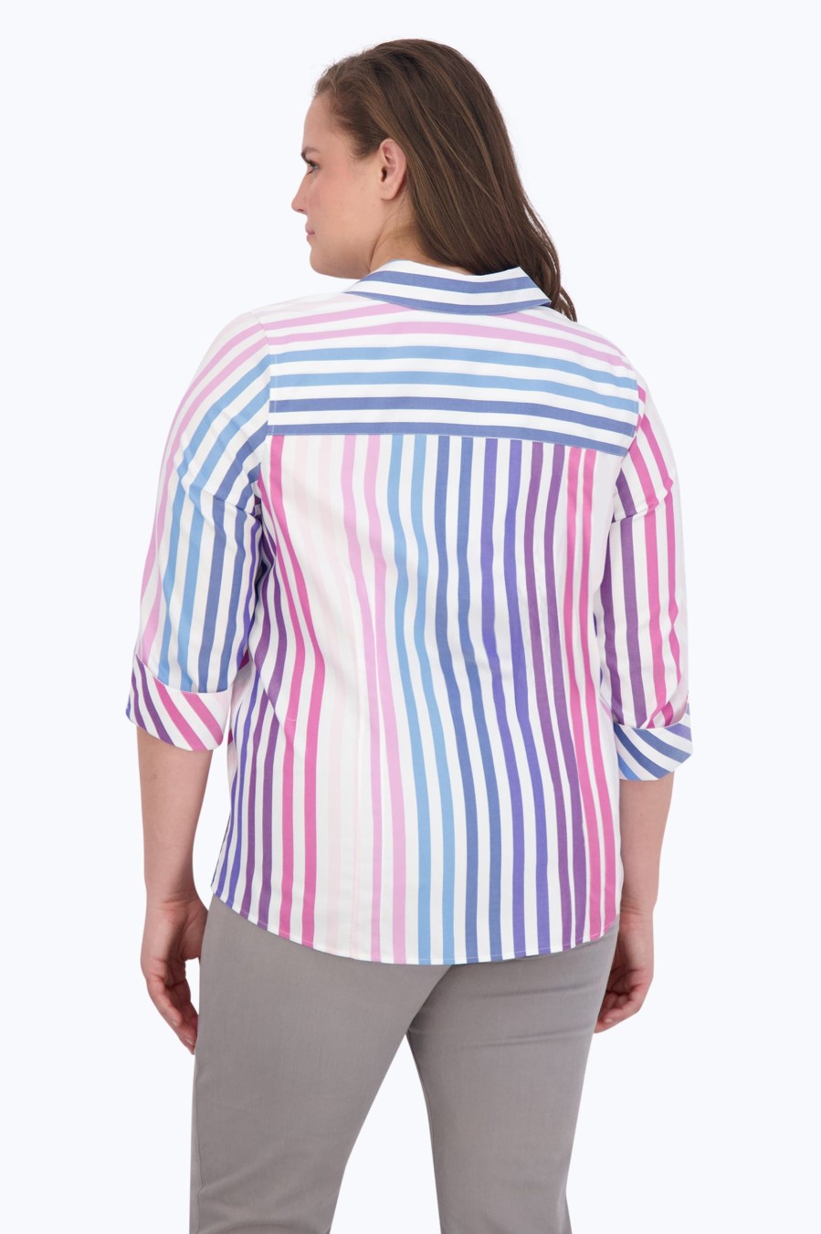 Women Foxcroft Tops | Taylor Plus Pinpoint No Iron Ombre Stripe Shirt Ombre Multi Pinpoint Stripe