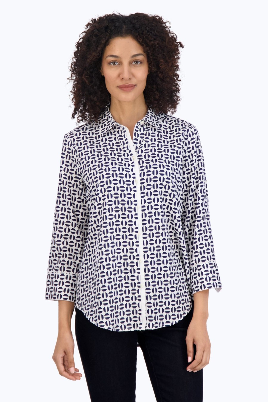 Women Foxcroft Tops | Charlie No Iron Navy Geometric Shirt Navy/White Geometric Halves