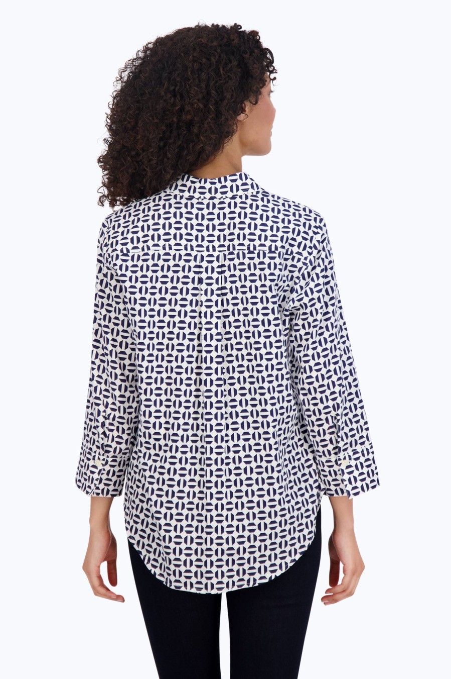 Women Foxcroft Tops | Charlie No Iron Navy Geometric Shirt Navy/White Geometric Halves