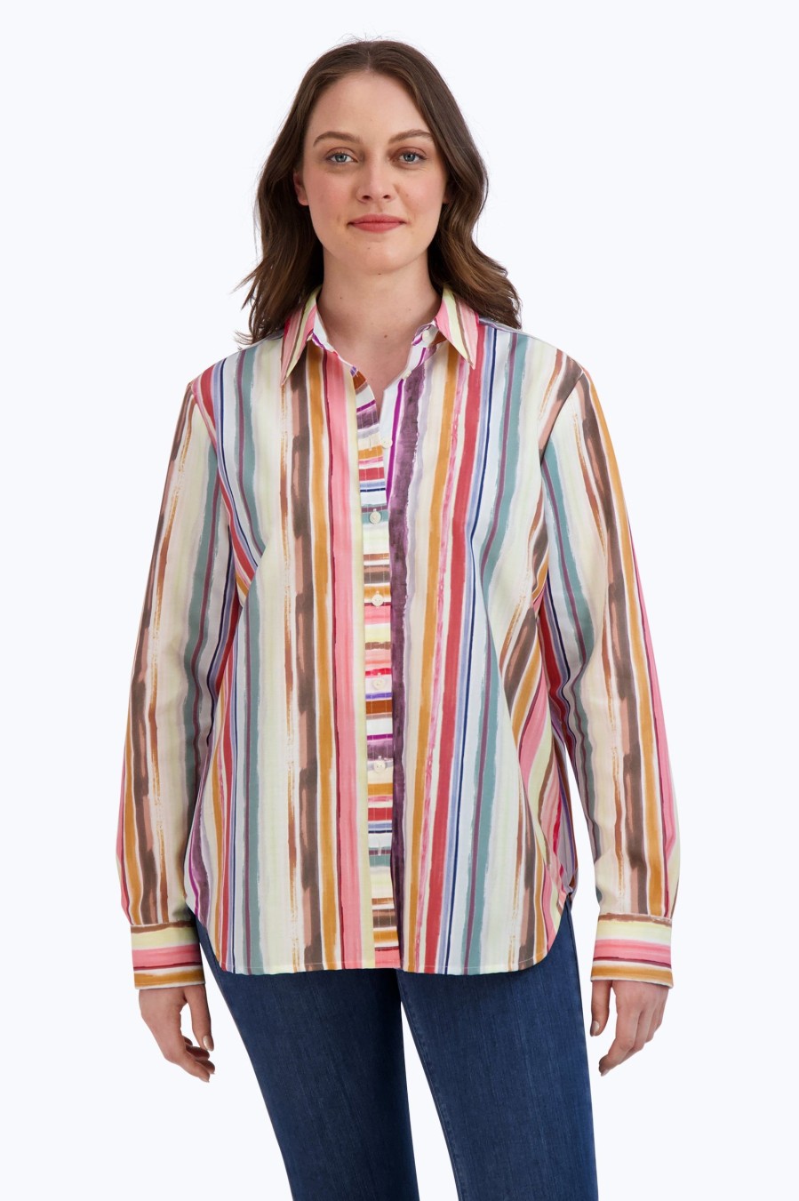 Women Foxcroft Tops | Boyfriend No Iron Watercolor Stripe Tunic Multi Watercolor Stripe