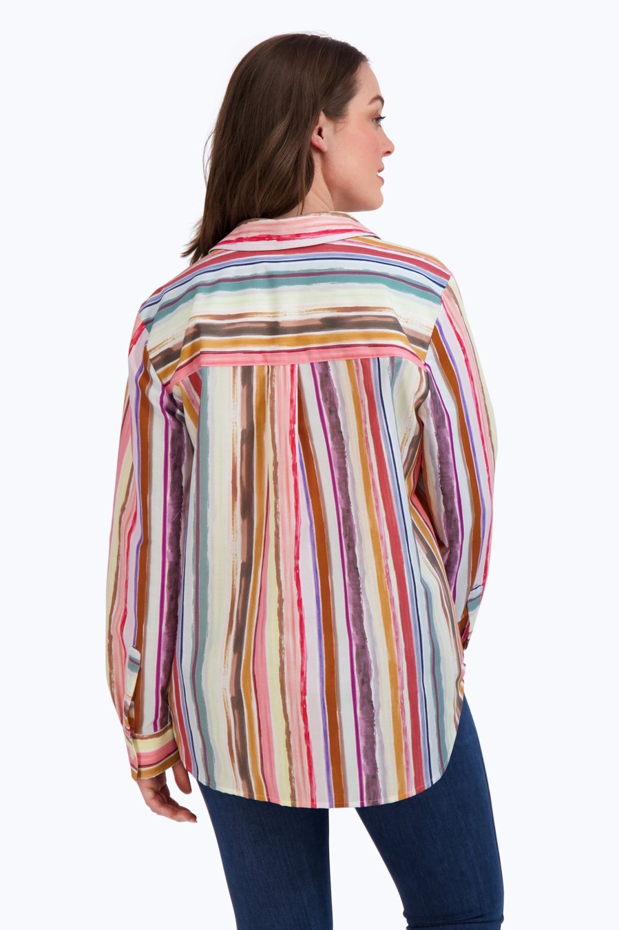 Women Foxcroft Tops | Boyfriend No Iron Watercolor Stripe Tunic Multi Watercolor Stripe