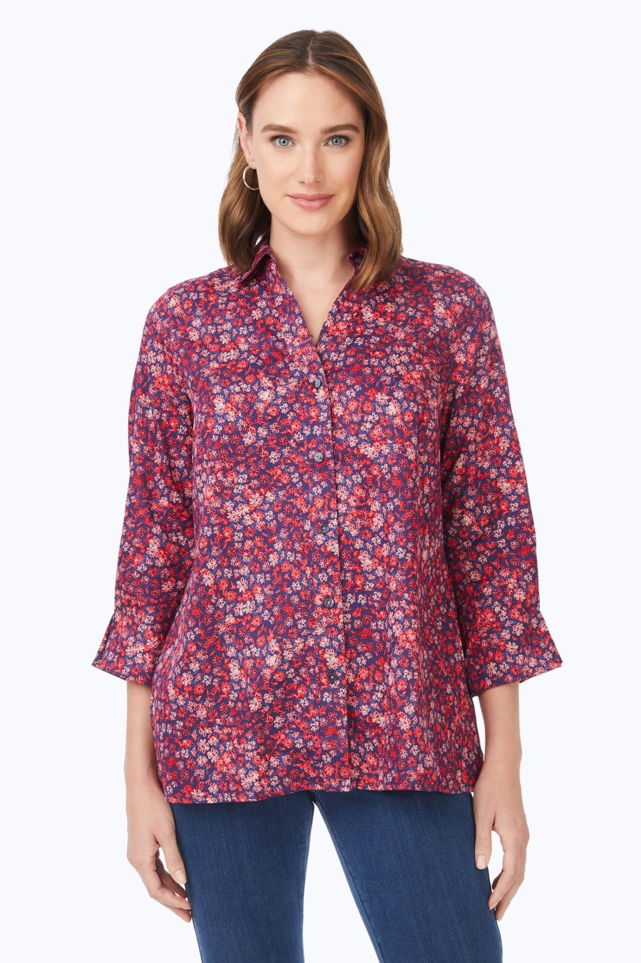 Women Foxcroft Tops | Piper Non-Iron Beach Blossoms Shirt Coral Sunset Beach Blossoms