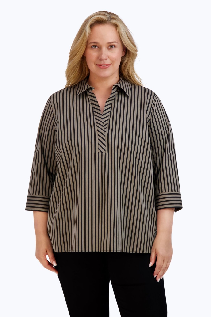 Women Foxcroft Tops | Sophia Plus Stretch No Iron Stripe Popover Shirt