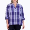 Women Foxcroft Tops | Sophia Plus Denim Plaid Crinkle Popover Blue Denim Plaid