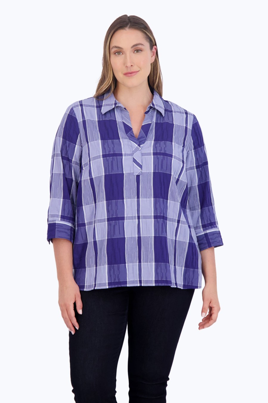 Women Foxcroft Tops | Sophia Plus Denim Plaid Crinkle Popover Blue Denim Plaid