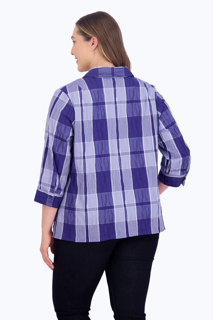 Women Foxcroft Tops | Sophia Plus Denim Plaid Crinkle Popover Blue Denim Plaid