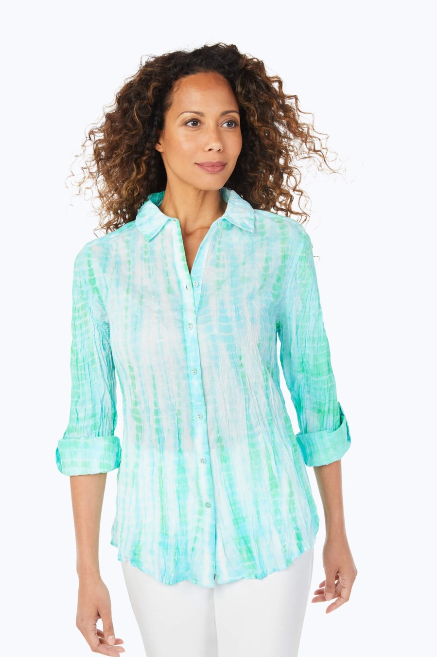 Women Foxcroft Tops | Zoey Turquoise Tie Dye Shirt Turquoise Tide Tie Dye