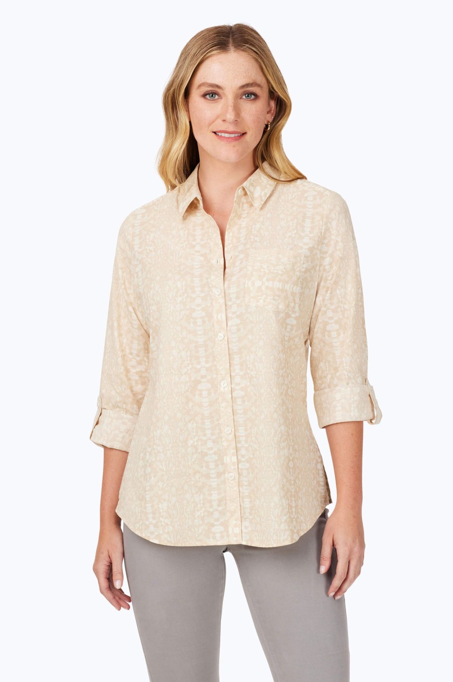 Women Foxcroft Tops | Zoey Non-Iron Soft Python Shirt Ivory Multi Soft Python